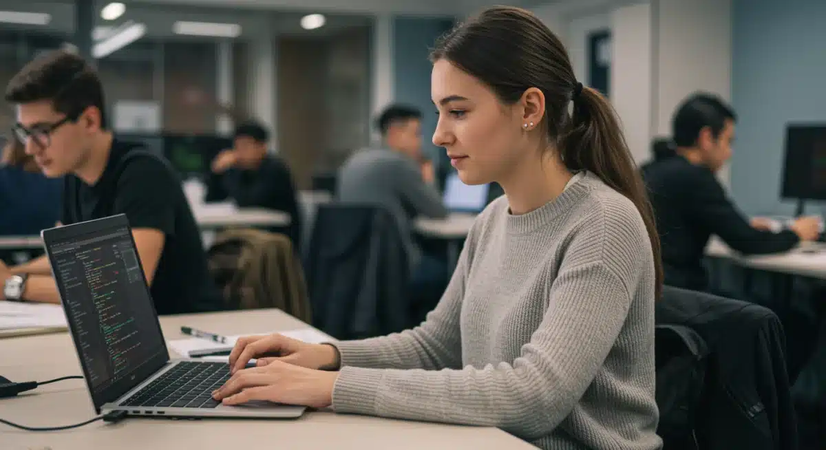 Young woman coding in a collaborative tech workspace.