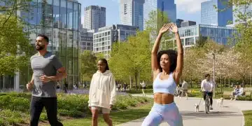 Diverse people in 2026 athleisure trends in an urban park, showcasing sustainable and stylish activewear.