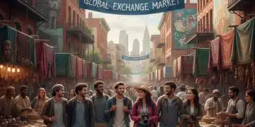 Travelers enjoying a vibrant cultural marketplace in a historic US city, showcasing diverse experiences.