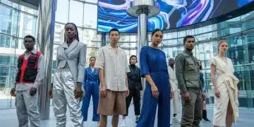 Diverse individuals showcasing 2026 shoe styles in a vibrant city