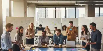 Agile team collaborating on project board with sticky notes