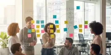 Diverse team collaborating on agile project management whiteboard