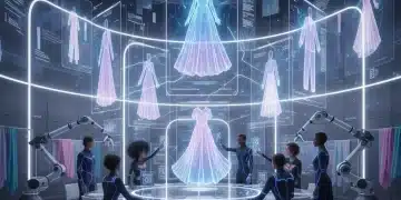 AI-powered fashion design studio with holographic projections