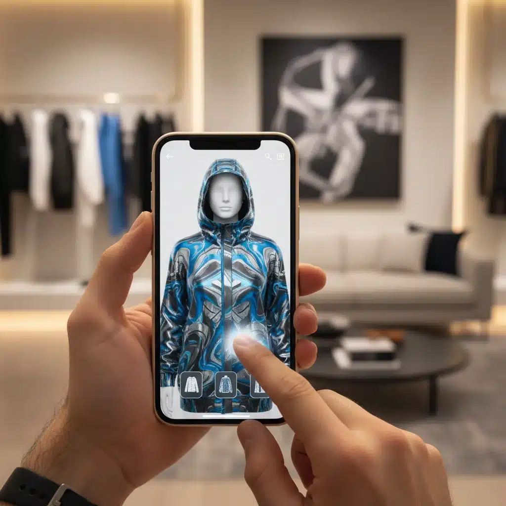 Person using AR fashion app for virtual try-on of gender-neutral clothing.