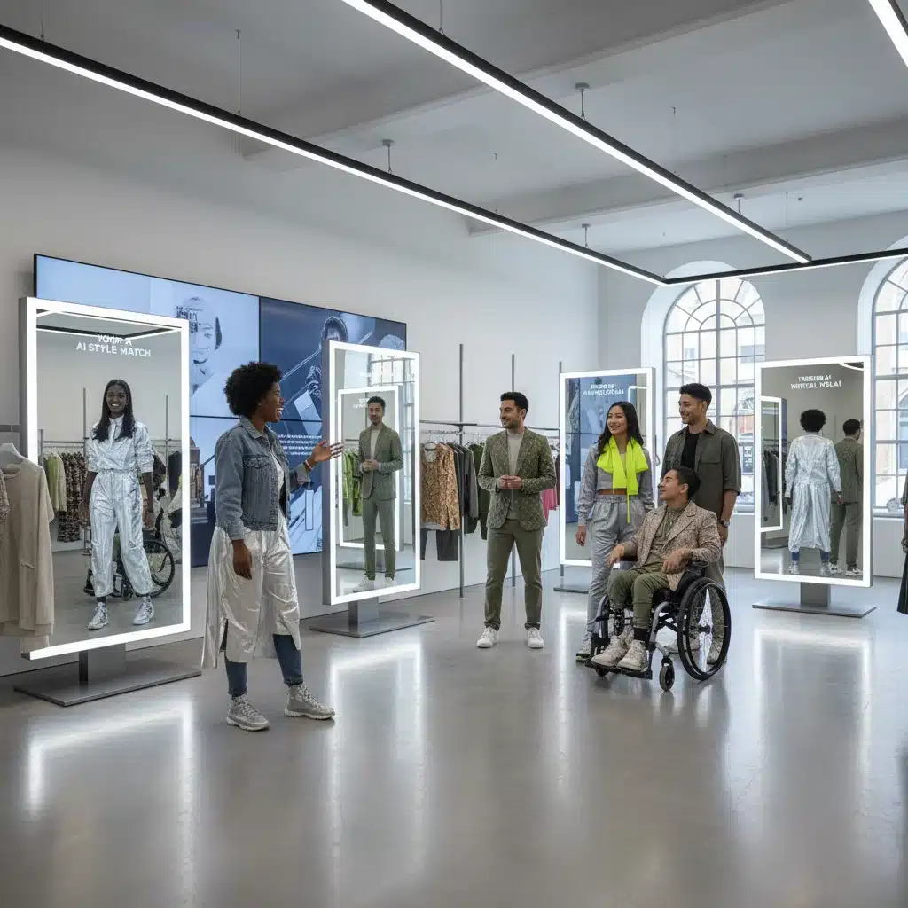 Shoppers using augmented reality mirrors for AI-powered outfit recommendations
