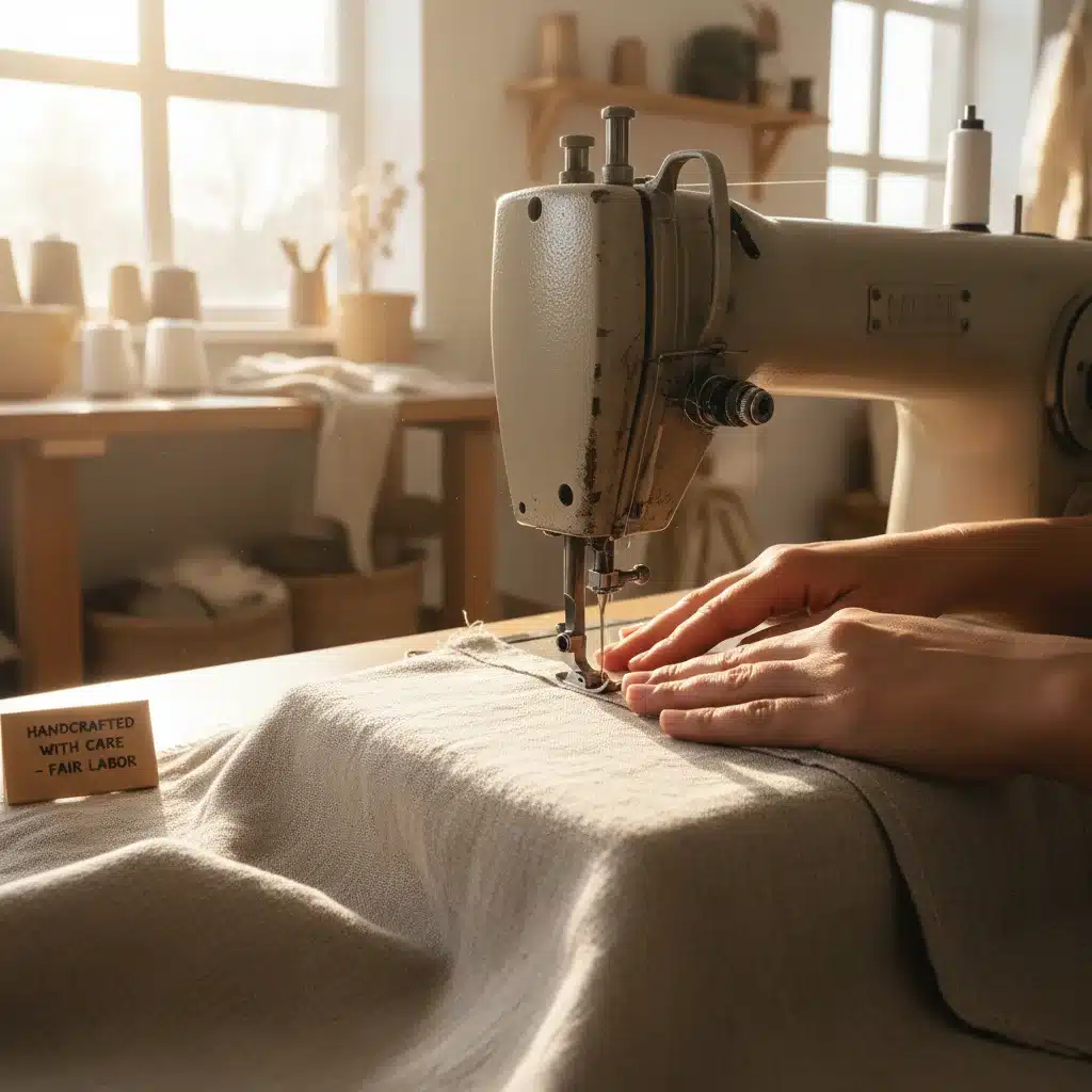 Artisan sewing natural fabric, highlighting ethical production practices