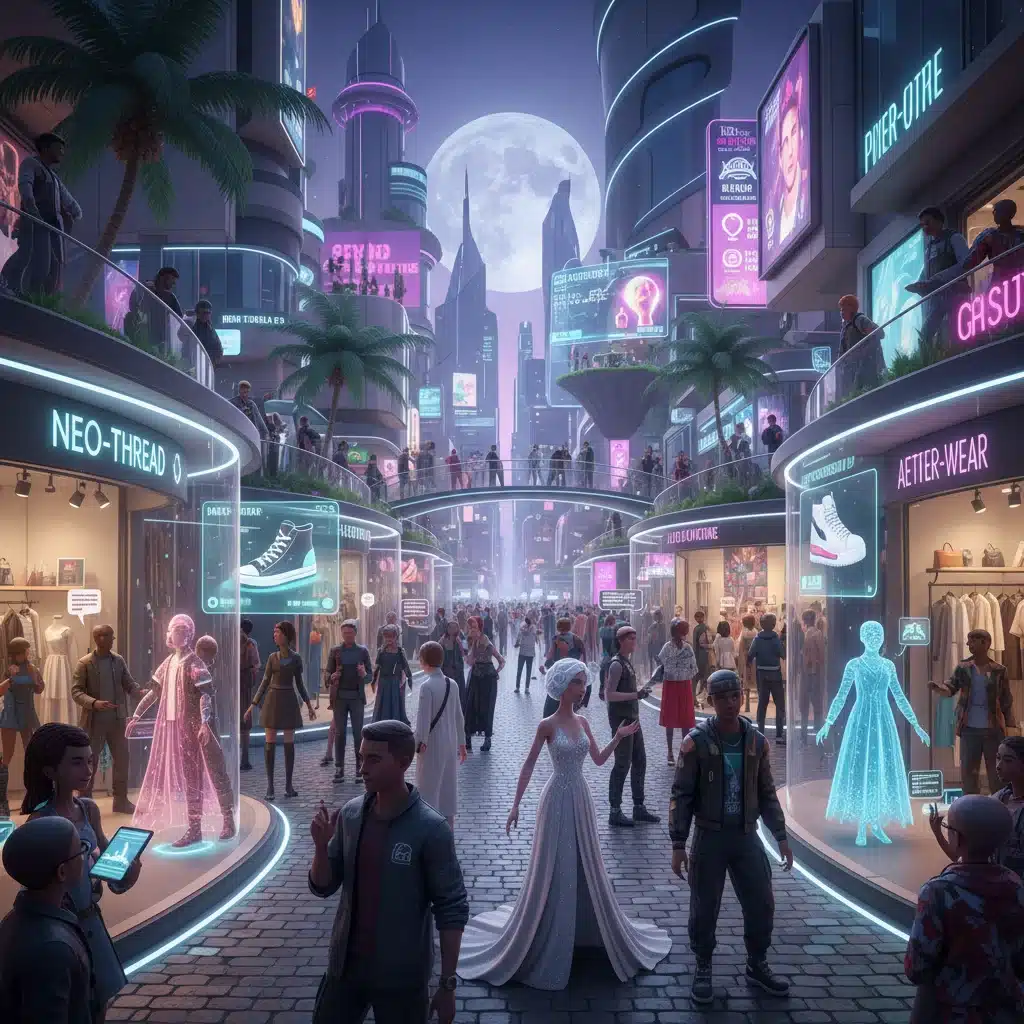 Avatars shopping and interacting in a vibrant virtual district with digital and physical apparel storefronts.