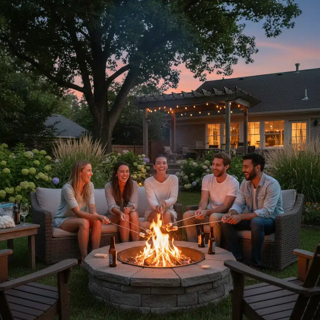Friends relaxing by a fire pit during a memorable summer gathering.