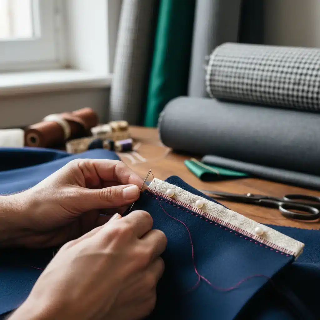 Artisan hands stitching custom garment, detail and craftsmanship