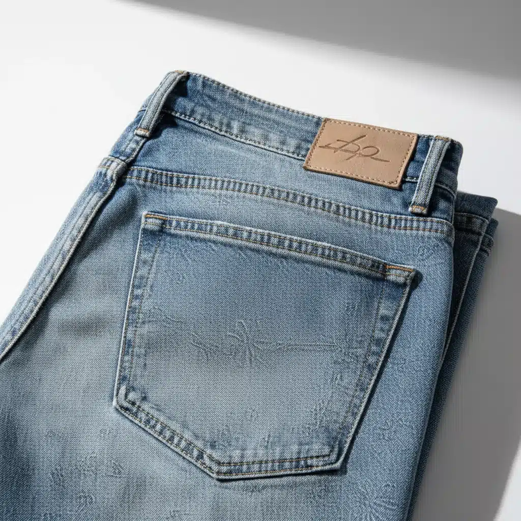 Bio-washed denim with laser-etched patterns, showcasing sustainable wash innovation.