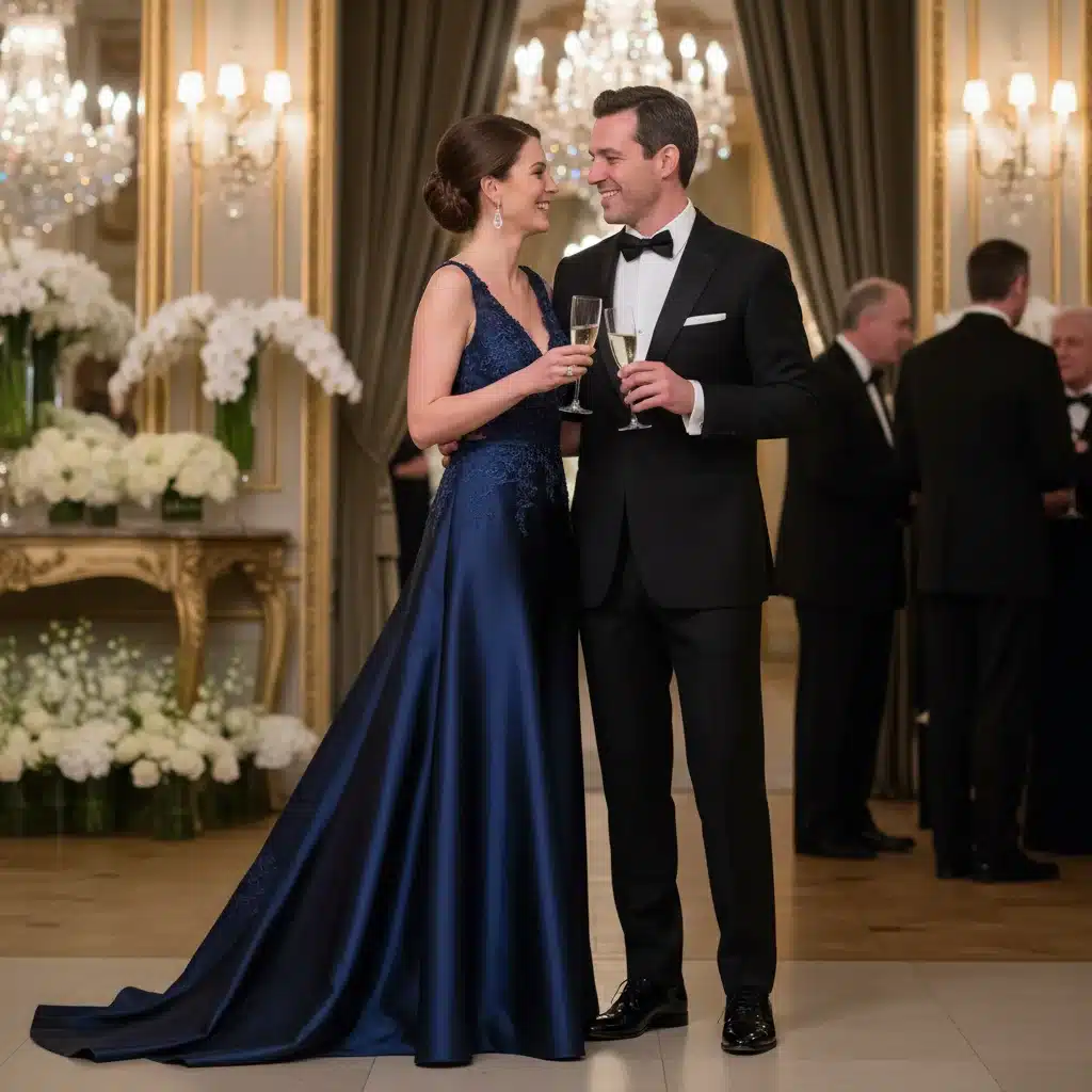 Couple dressed in elegant black-tie attire at a formal event.