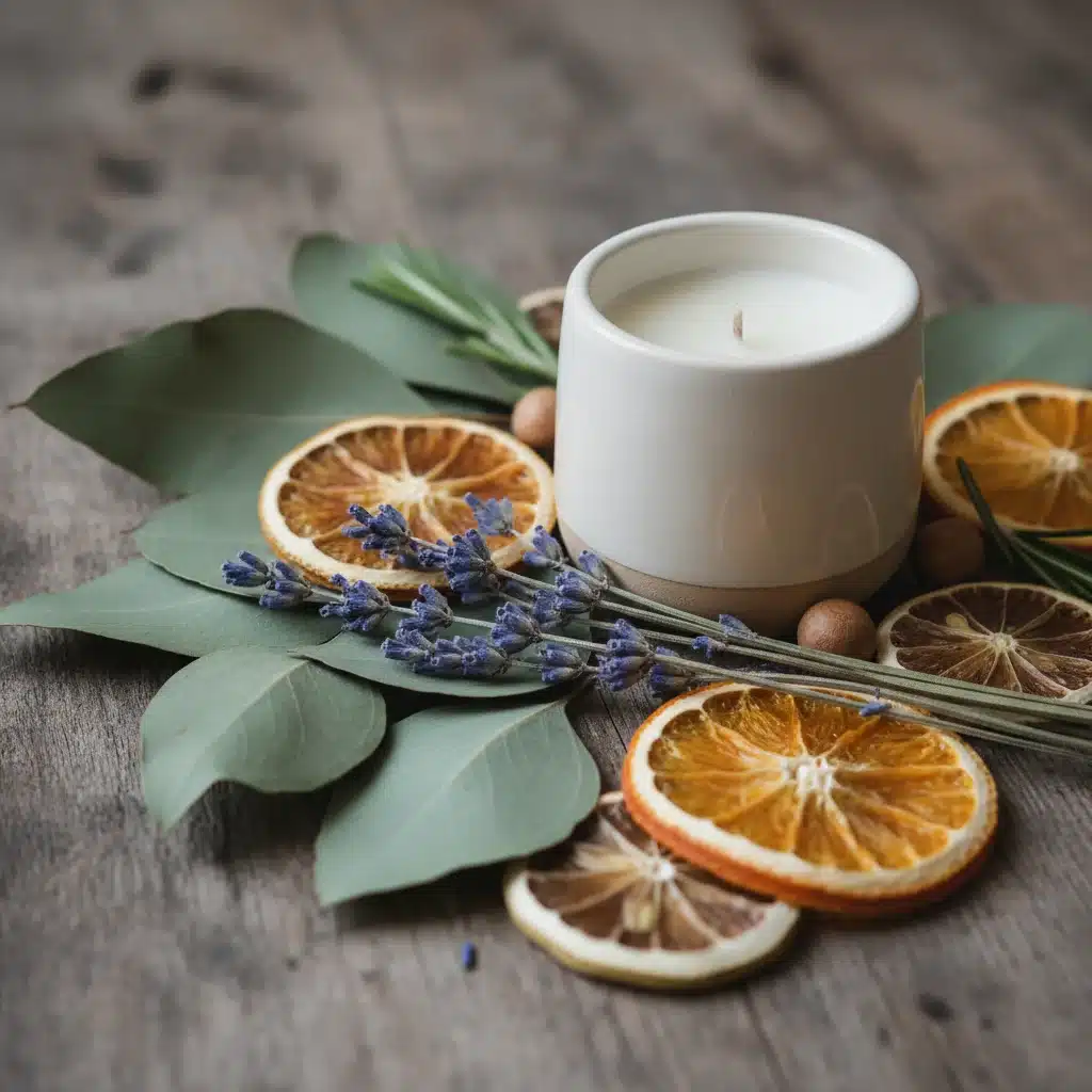 Assortment of natural botanicals and a scented candle, embodying the Botanical Revival fragrance trend.