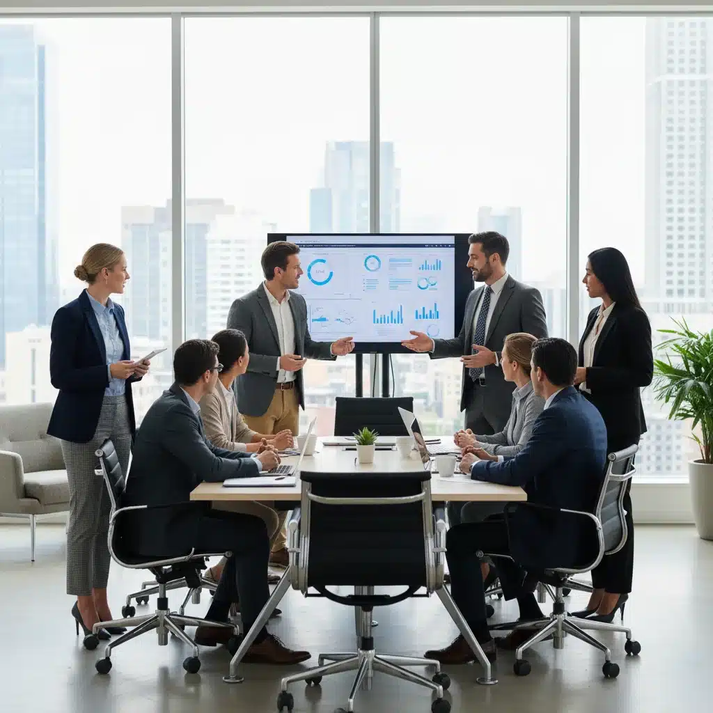 Professionals in business casual and business formal attire in an office.