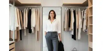 Woman in a minimalist capsule wardrobe, holding a blazer