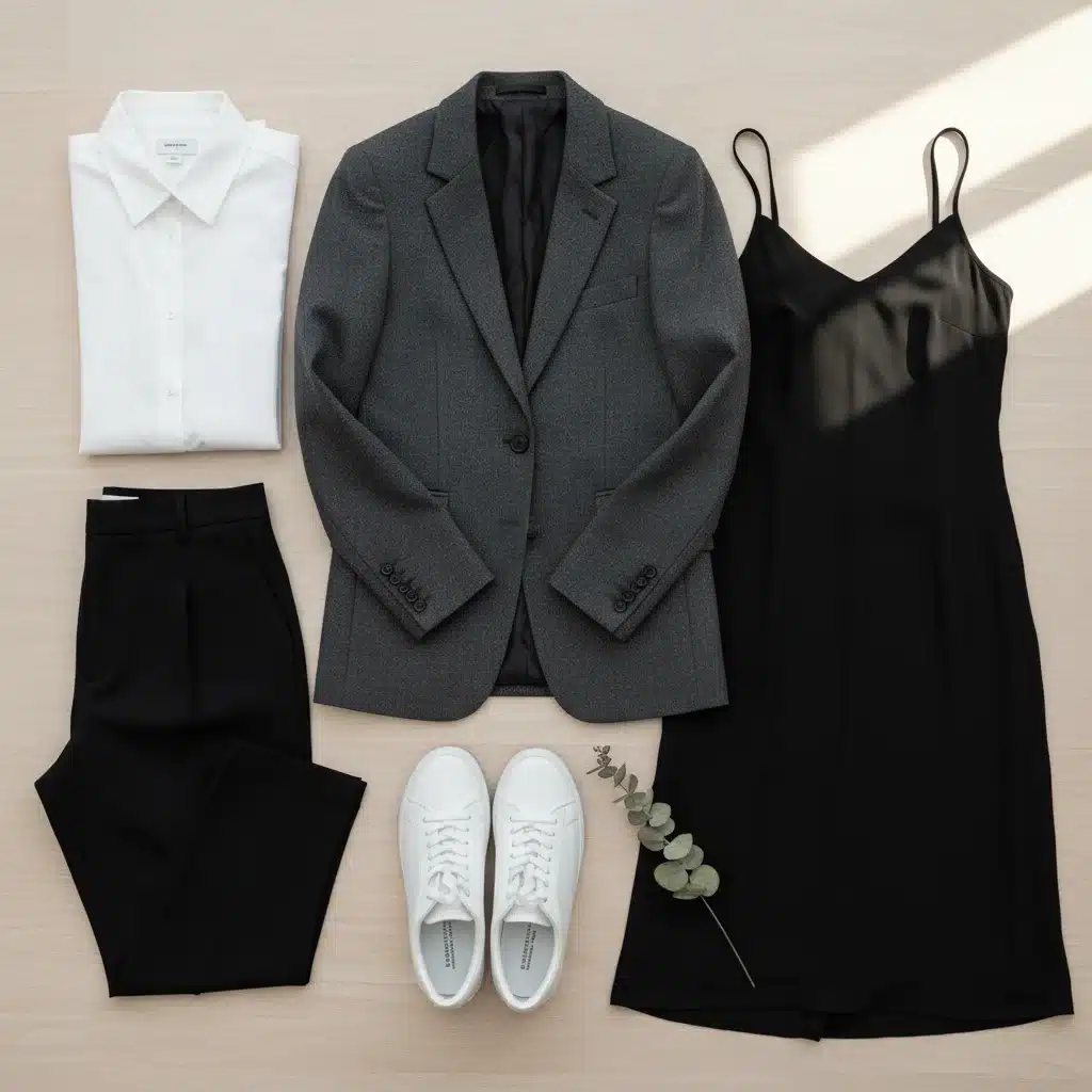 Flat lay of versatile capsule wardrobe essentials