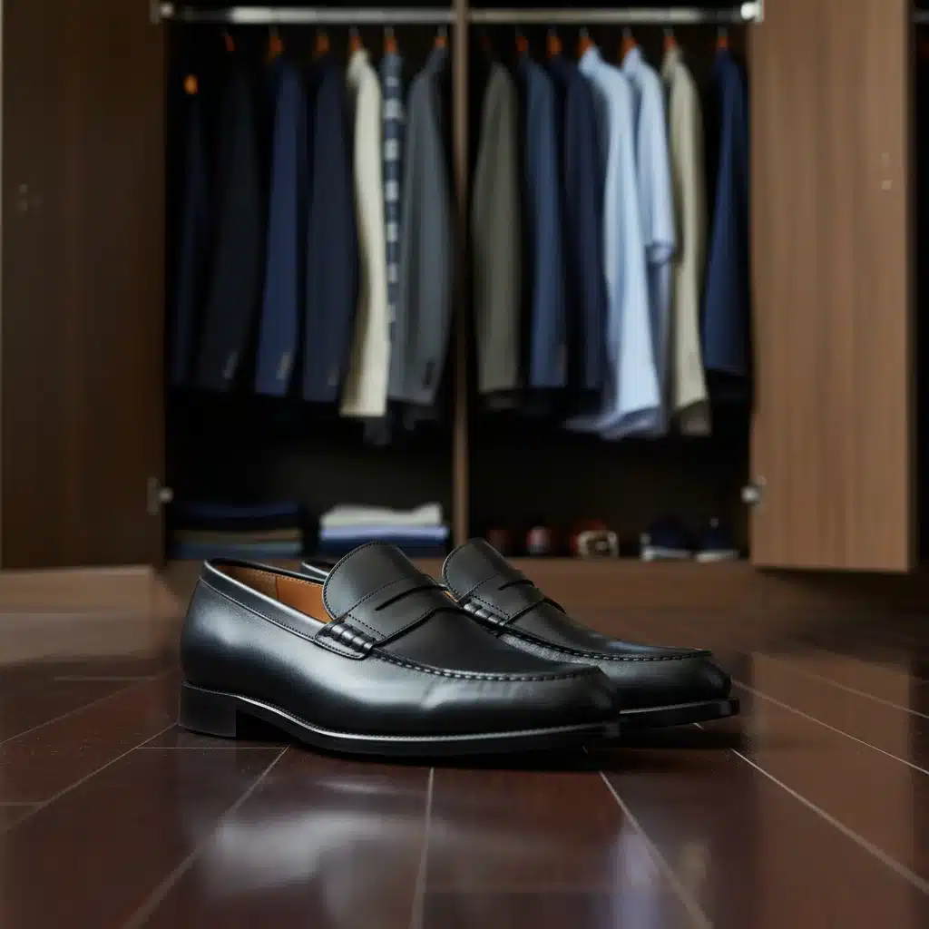 Classic black leather loafers for business casual outfits