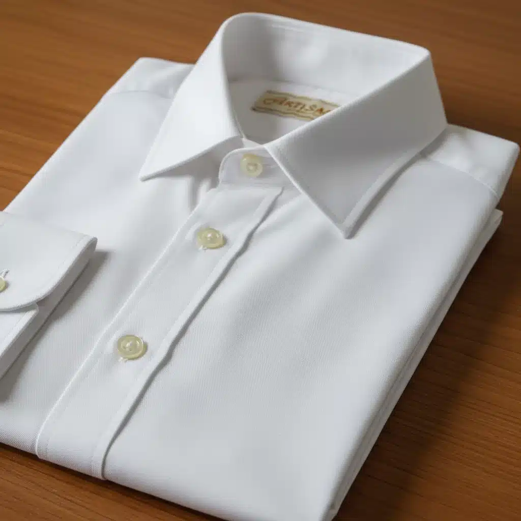 Detail of a crisp, classic white cotton button-down shirt, highlighting fabric quality.