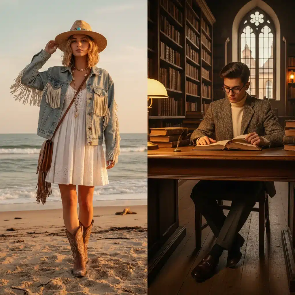 Coastal Cowgirl and Dark Academia fashion trends displayed by Gen Z.