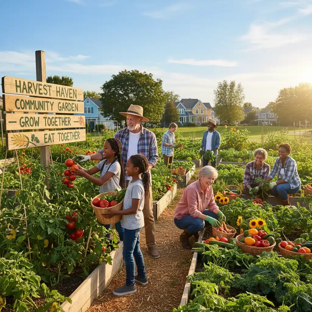 Diverse community members harvesting fresh produce in a shared garden.