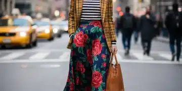 Confident woman in mixed pattern outfit on city street