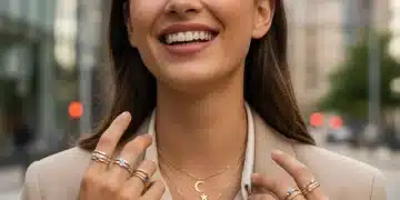 Woman confidently displaying layered necklace and stackable rings, embodying 2026 jewelry trends.