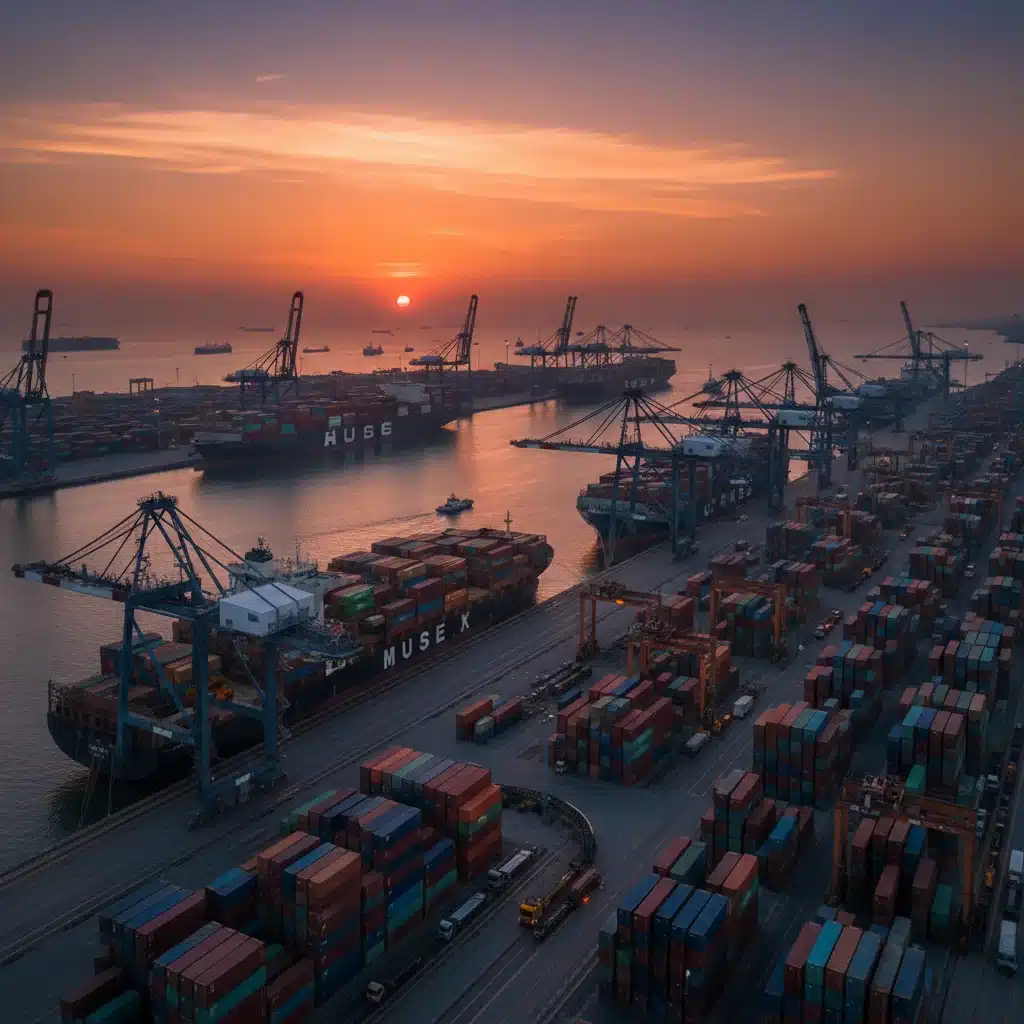 Busy container port with cargo ships and cranes, illustrating global logistics