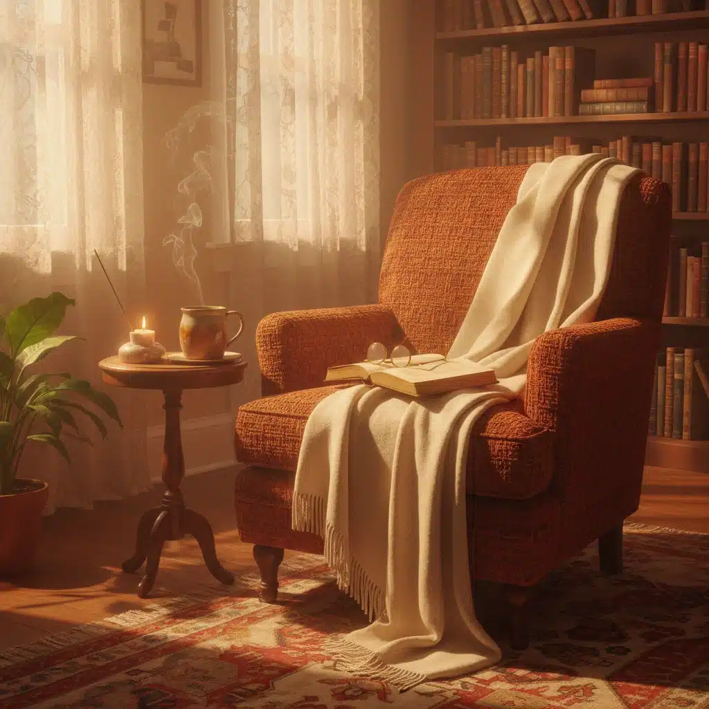Cozy reading nook with warm lighting and a comforting home fragrance, representing Cozy Nostalgia.