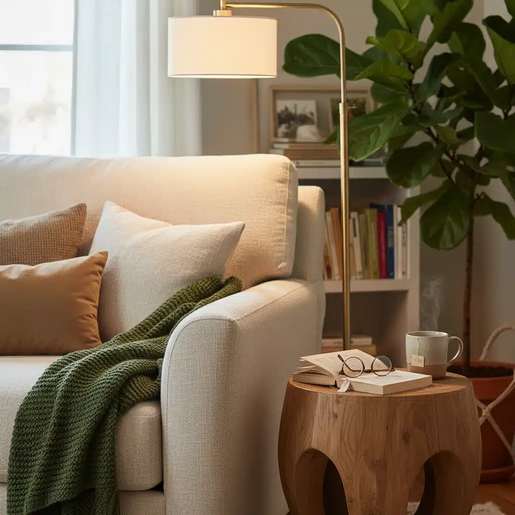 Cozy reading nook with natural textures and biophilic elements