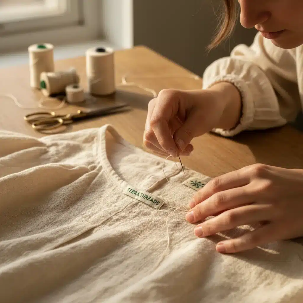 Artisan hands meticulously stitching organic cotton garment, ethical production