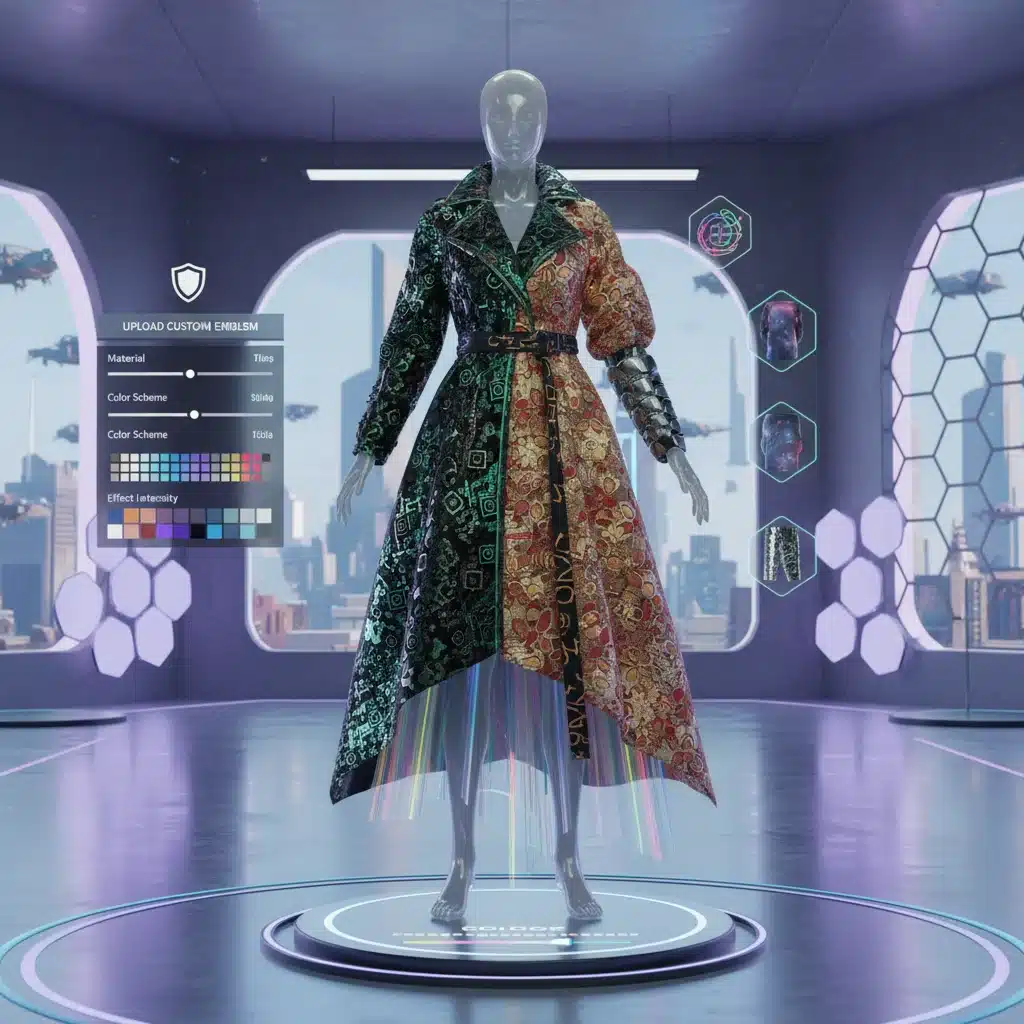 3D rendering of a customizable digital garment on a virtual mannequin in a metaverse showroom.