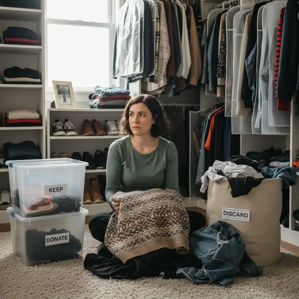Person decluttering clothes in a minimalist bedroom closet, making thoughtful decisions.