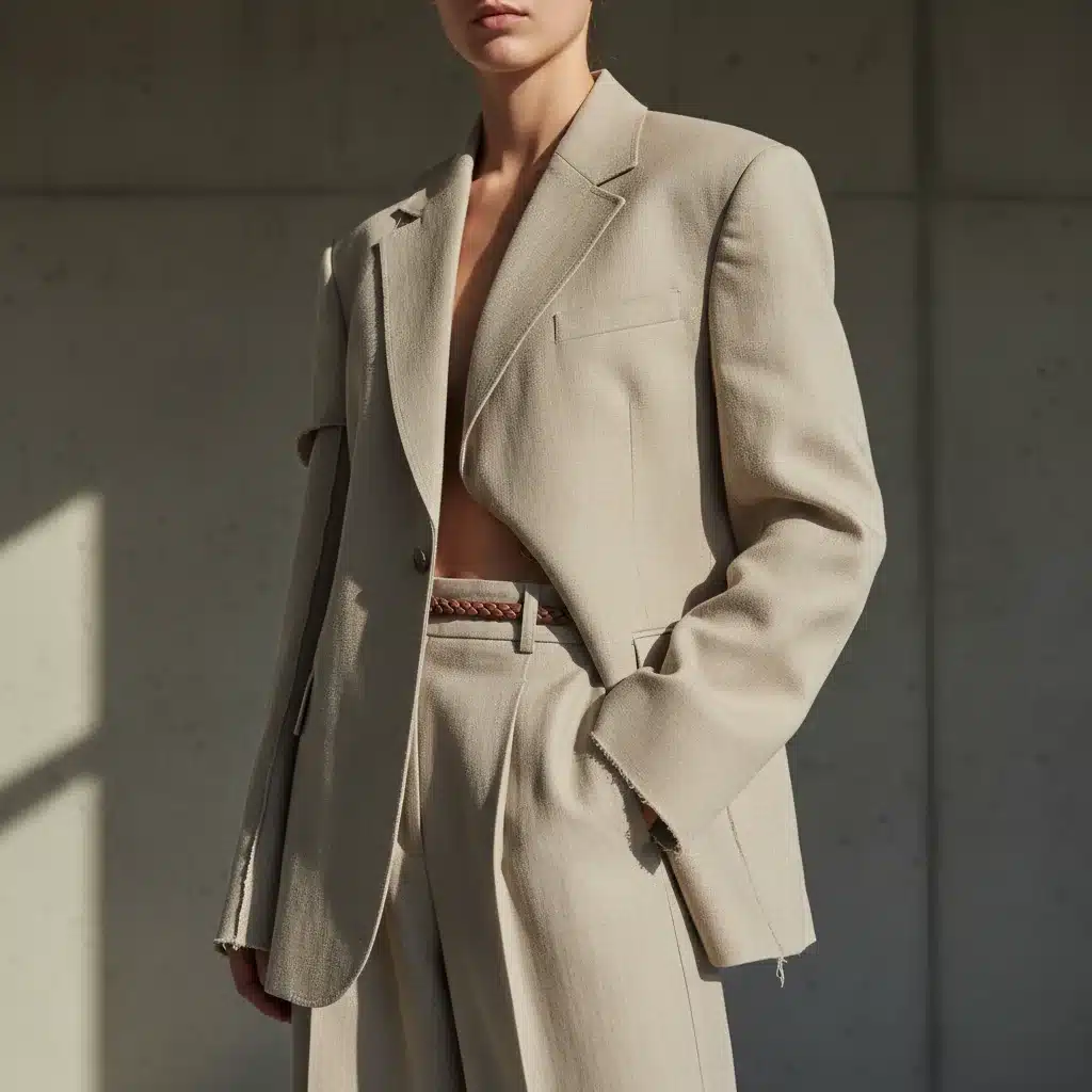 Model showcasing deconstructed elegance with an oversized blazer and wide-leg trousers, reflecting a key Spring 2026 trend.