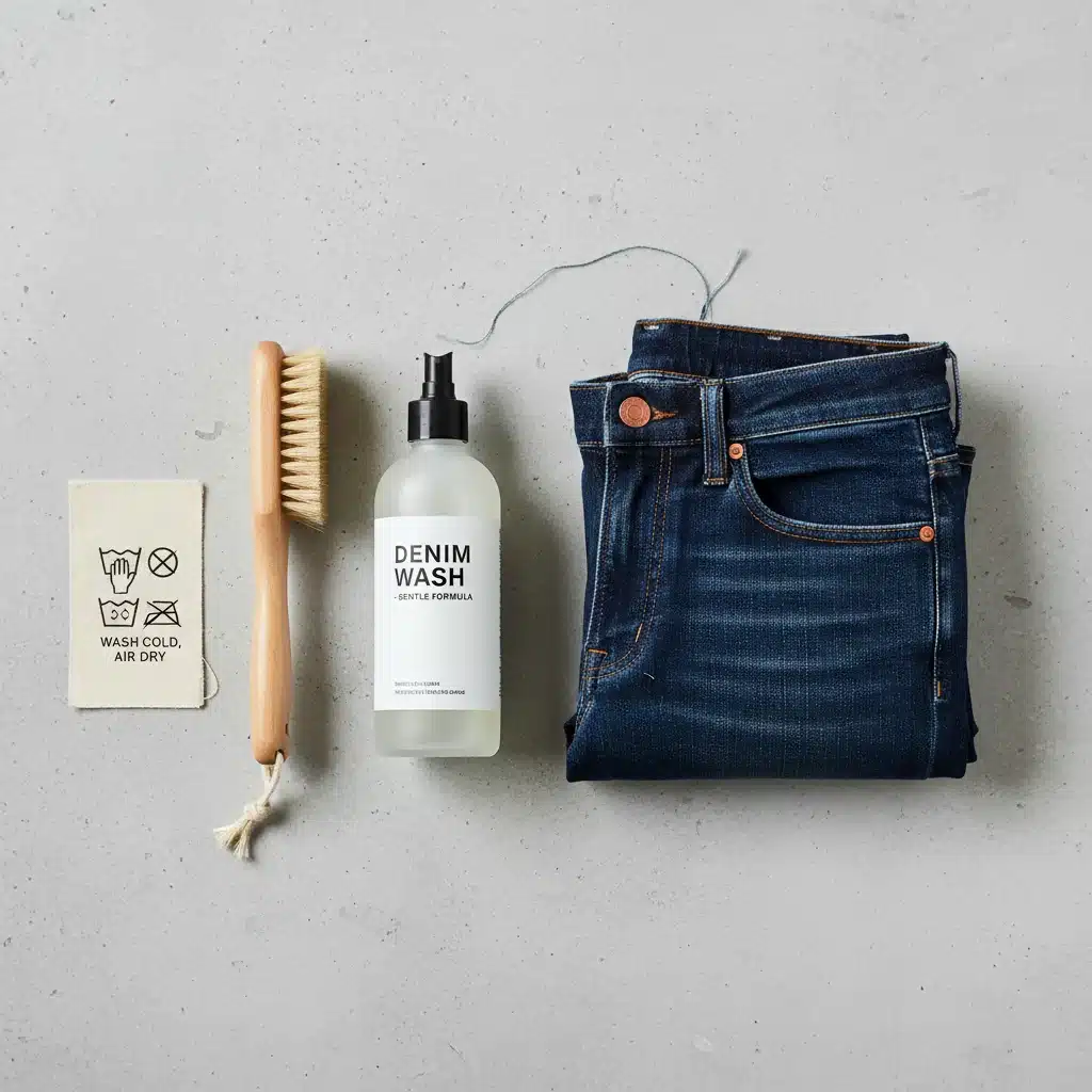 Essential denim care products including detergent, brush, and washing instructions.