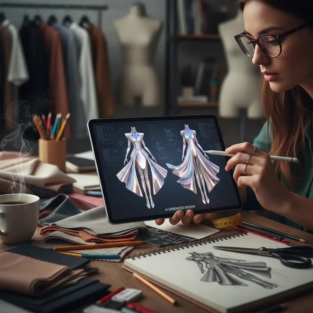 Fashion designer using AI for 3D clothing design on a tablet