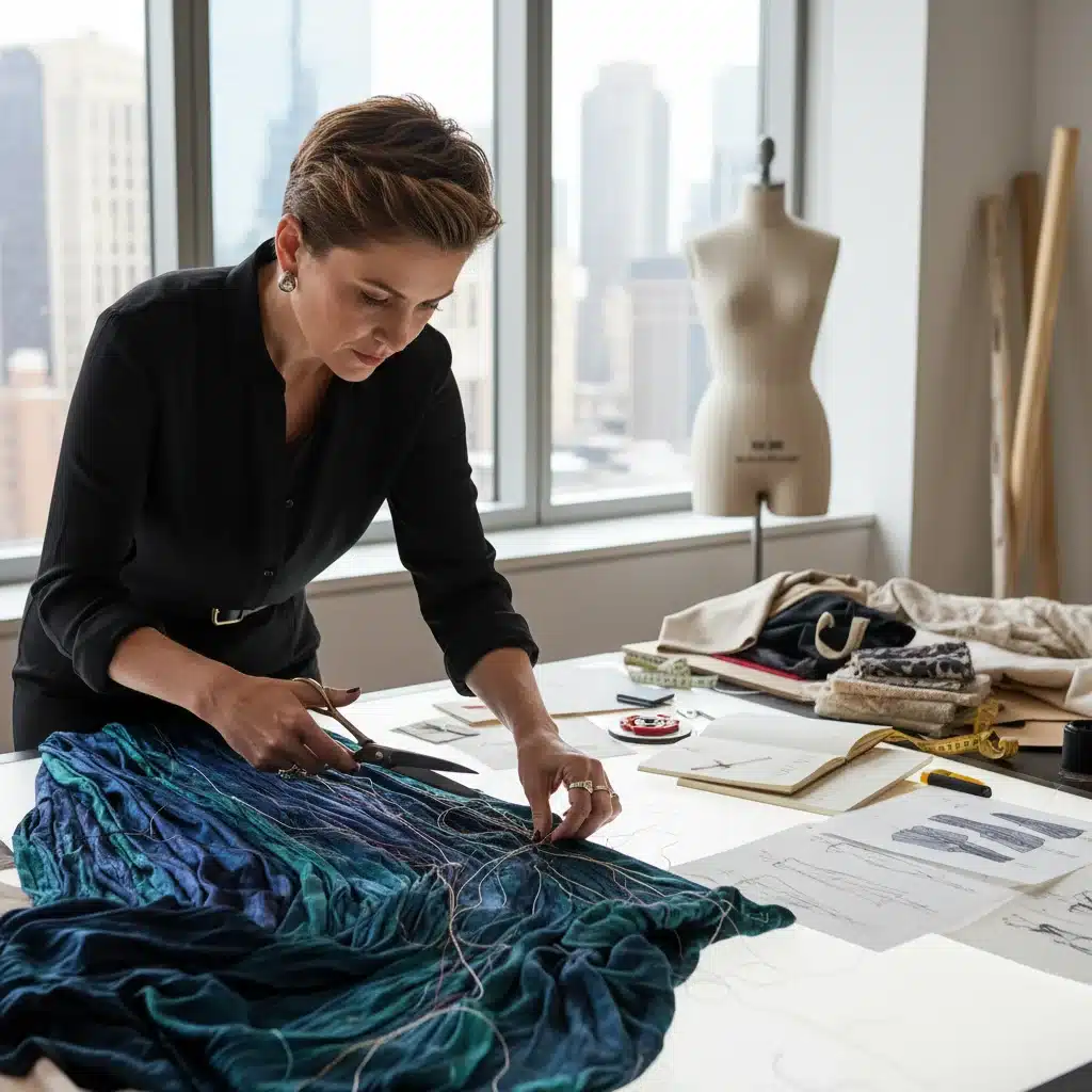 Fashion designer meticulously crafting a new garment in a studio, surrounded by design elements.