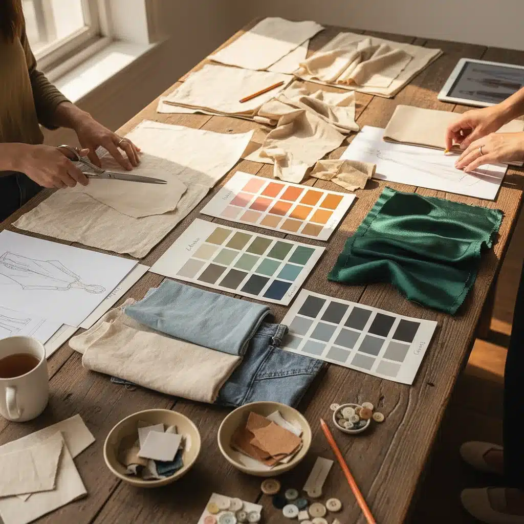 Creative process of an emerging fashion designer with sketches and fabrics
