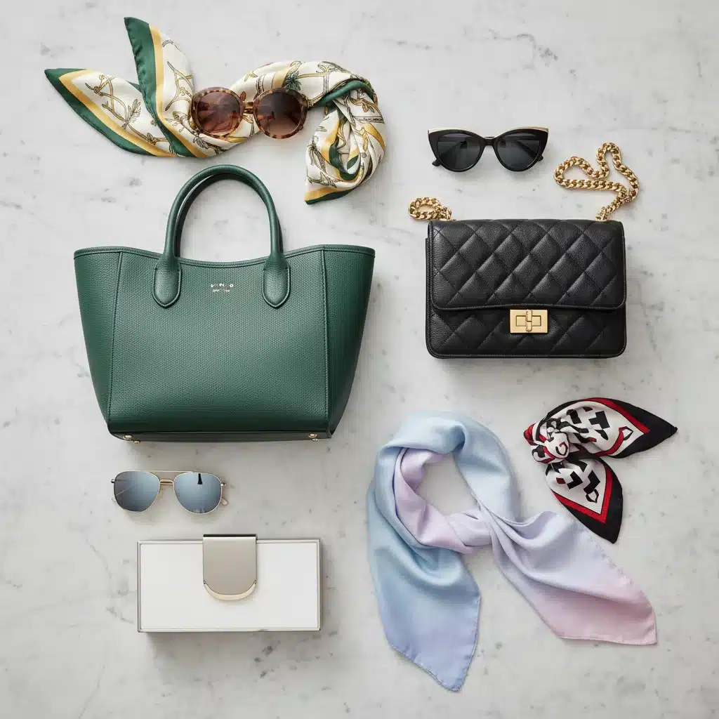 Curated collection of designer handbags, sunglasses, and silk scarves, arranged for stylish outfit coordination.