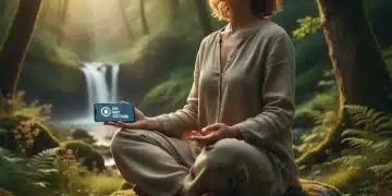 Person meditating outdoors with phone showing do not disturb symbol