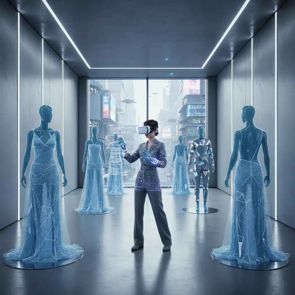 Digital fashion showcase with holographic mannequins and VR