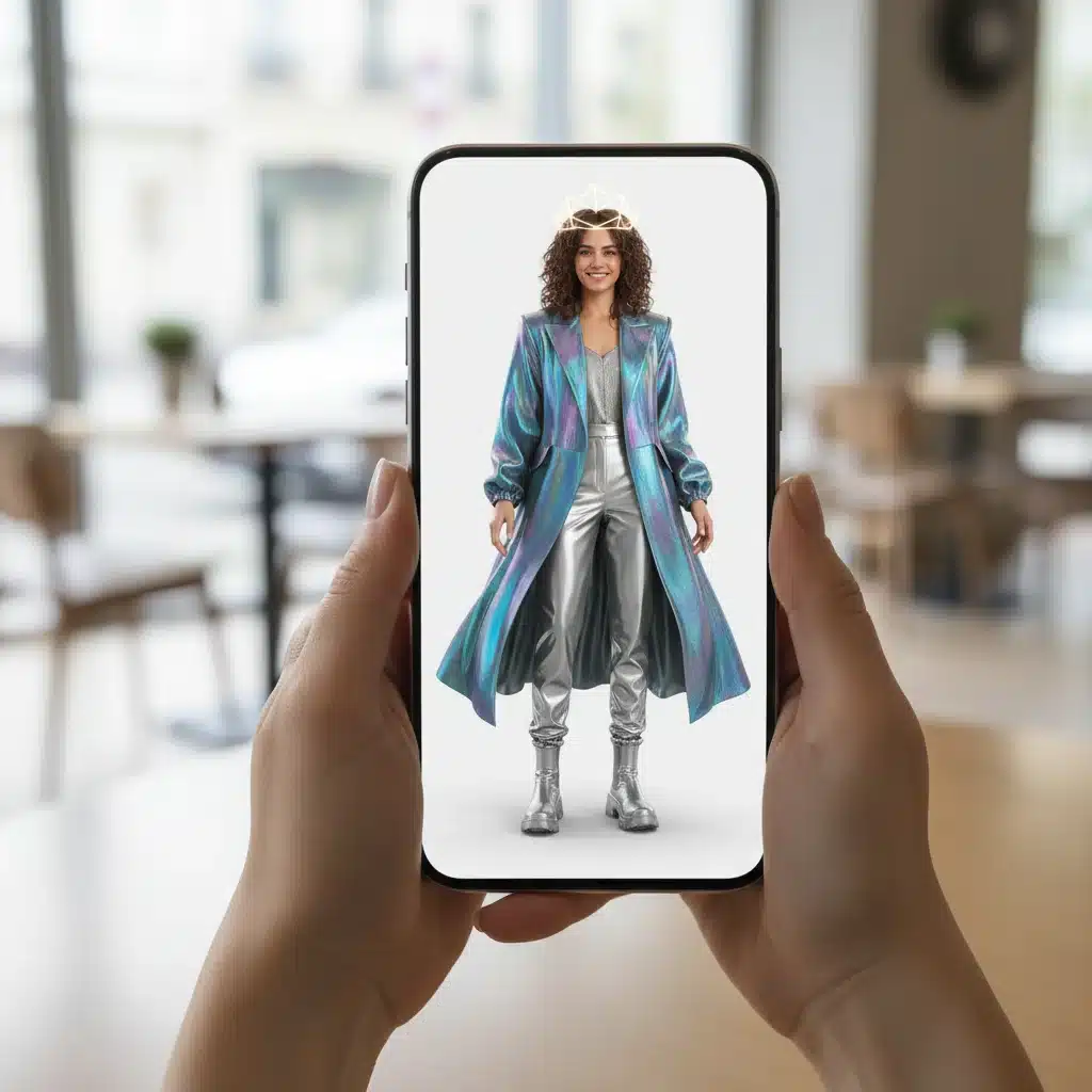 Digital fashion app on a smartphone, showcasing virtual clothing try-on for Gen Z consumers.