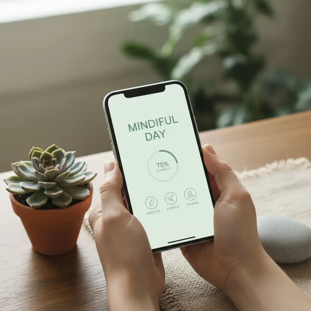 Digital wellness app on smartphone with natural elements, emphasizing mindful tech use