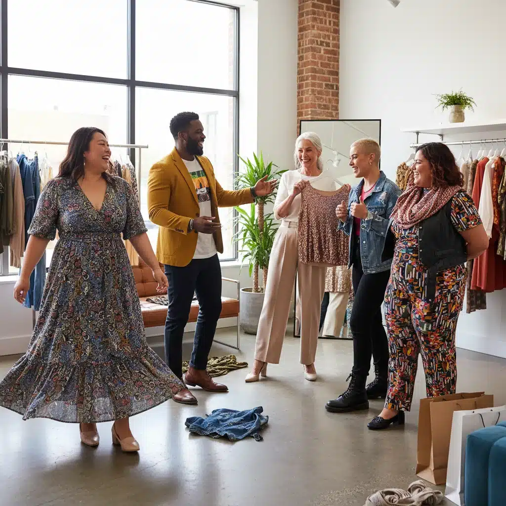 Diverse individuals trying on new fashion trends in a boutique