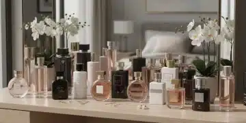 Diverse perfume bottles on a vanity, representing a sophisticated fragrance wardrobe for the American consumer.