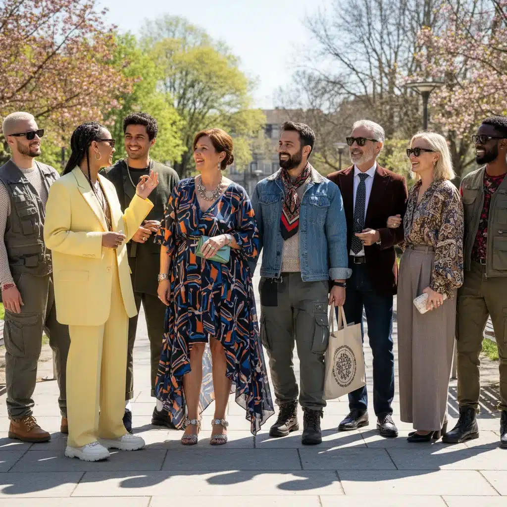 Diverse group of people showcasing unique personal styles and current fashion trends in a bright setting.