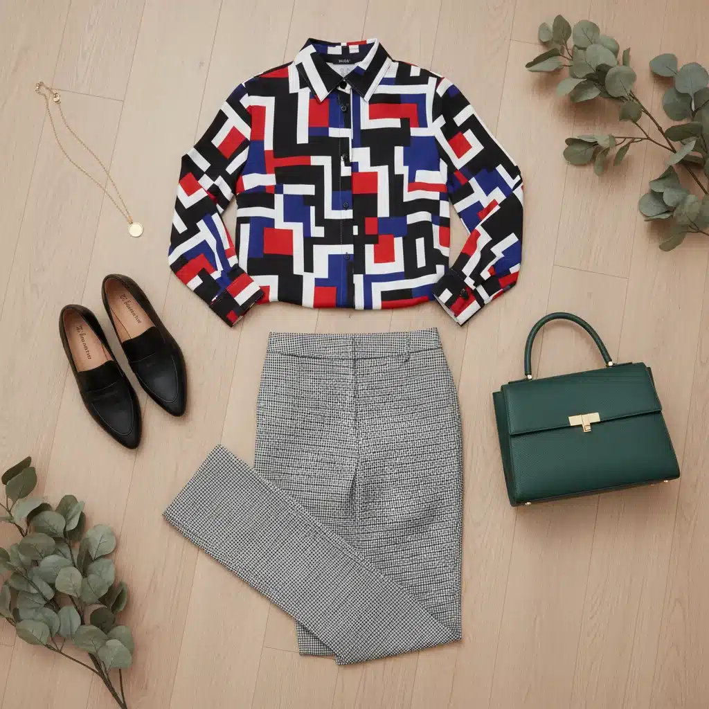 Fashion flat lay with dominant geometric print and subtle check