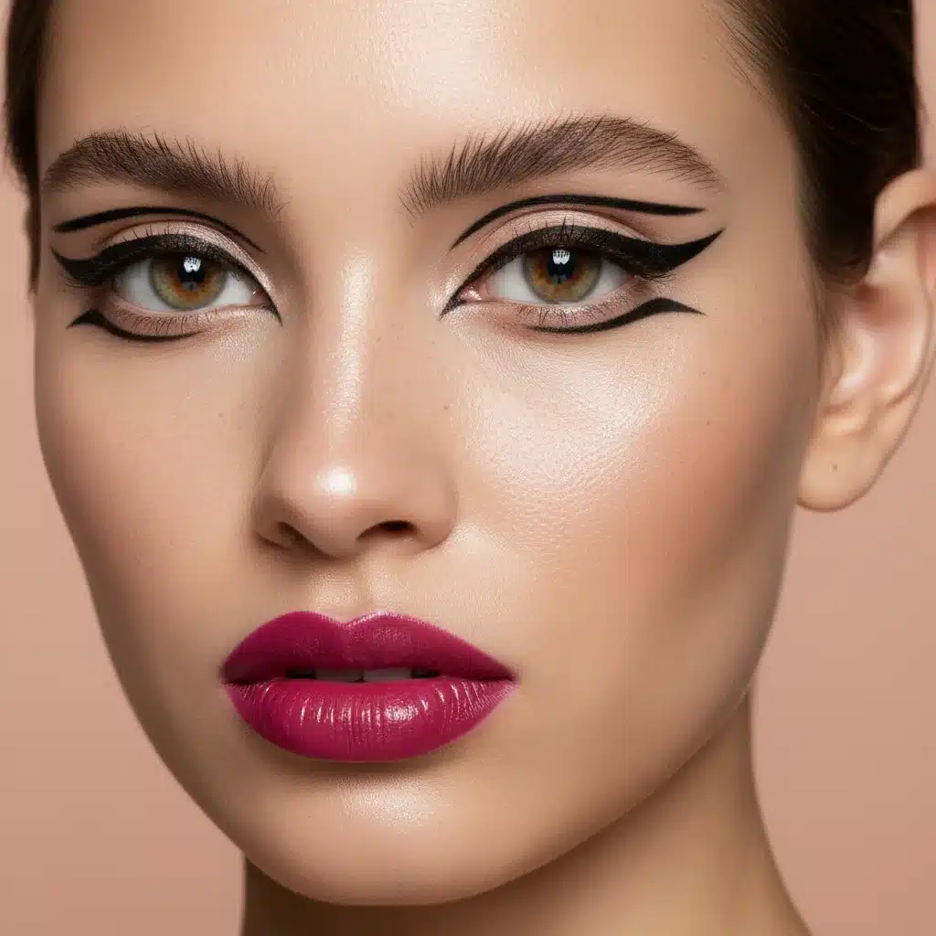 Close-up of model with dramatic graphic eyeliner and bold lip