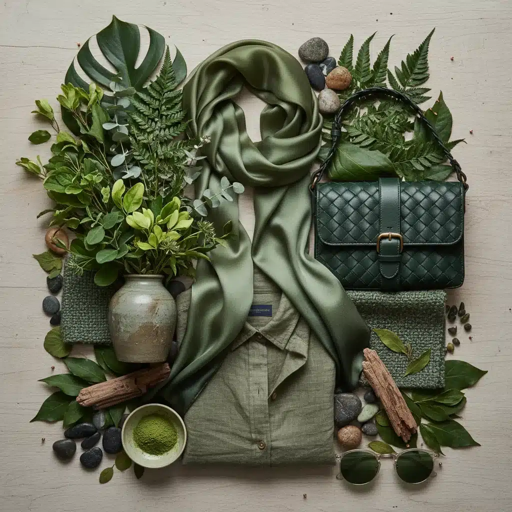 Mood board showcasing Earthen Harmony Green textiles and natural elements.