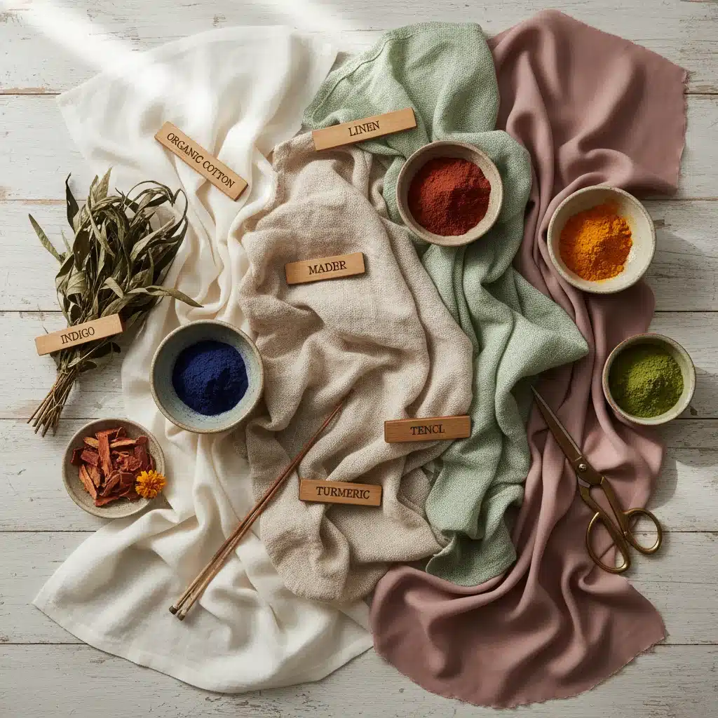 Flat lay of organic cotton, linen, hemp, and natural dyes.