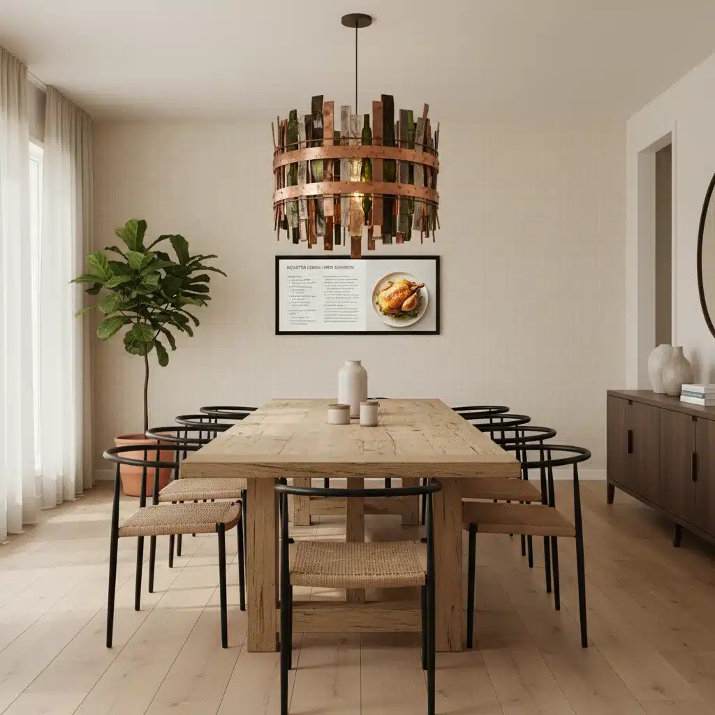 Elegant dining area with reclaimed wood table and smart tech