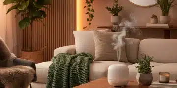 Elegant living room with a home diffuser, showcasing modern home fragrance trends for 2026.